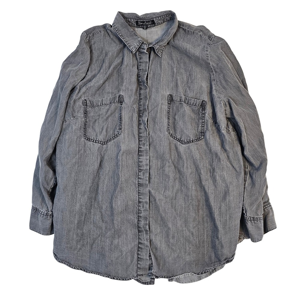 New‎ Leaf Grey Denim Button Down Shirt Long Sleeve Plus Size 2X Faded Wash Top